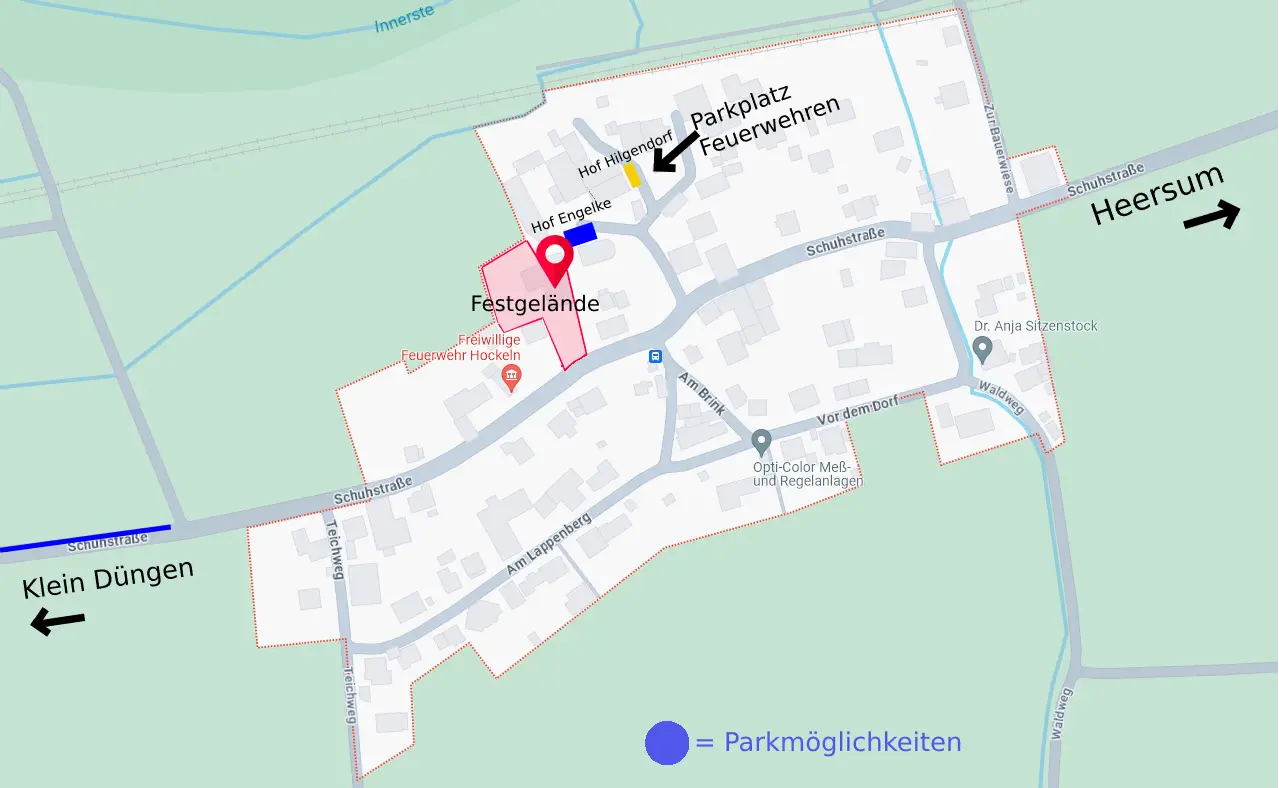Lageplan des Dorfes zum Feuerwehrfest Hockeln und Parkmöglichkeiten
